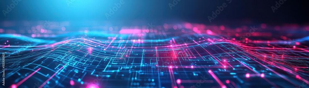 Poster Holographic technology waves, glowing circuits, seamless abstract patterns, modern tech
