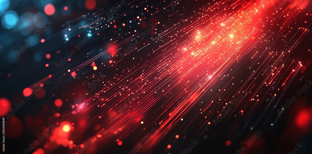 Aufkleber abstract red and blue lines with bokeh light streaks and particles on dark background.