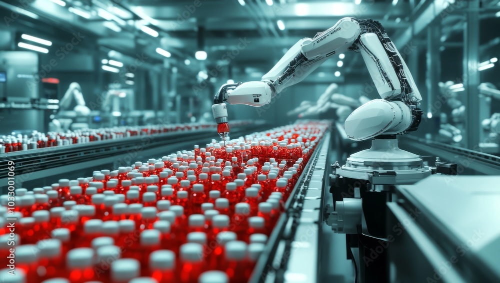 Poster robotic arm working on a production line filling vials with red liquid.