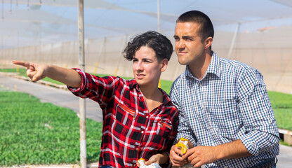 Two gardeners working in greenhouse. Skilled woman pointing and telling something to male assistant