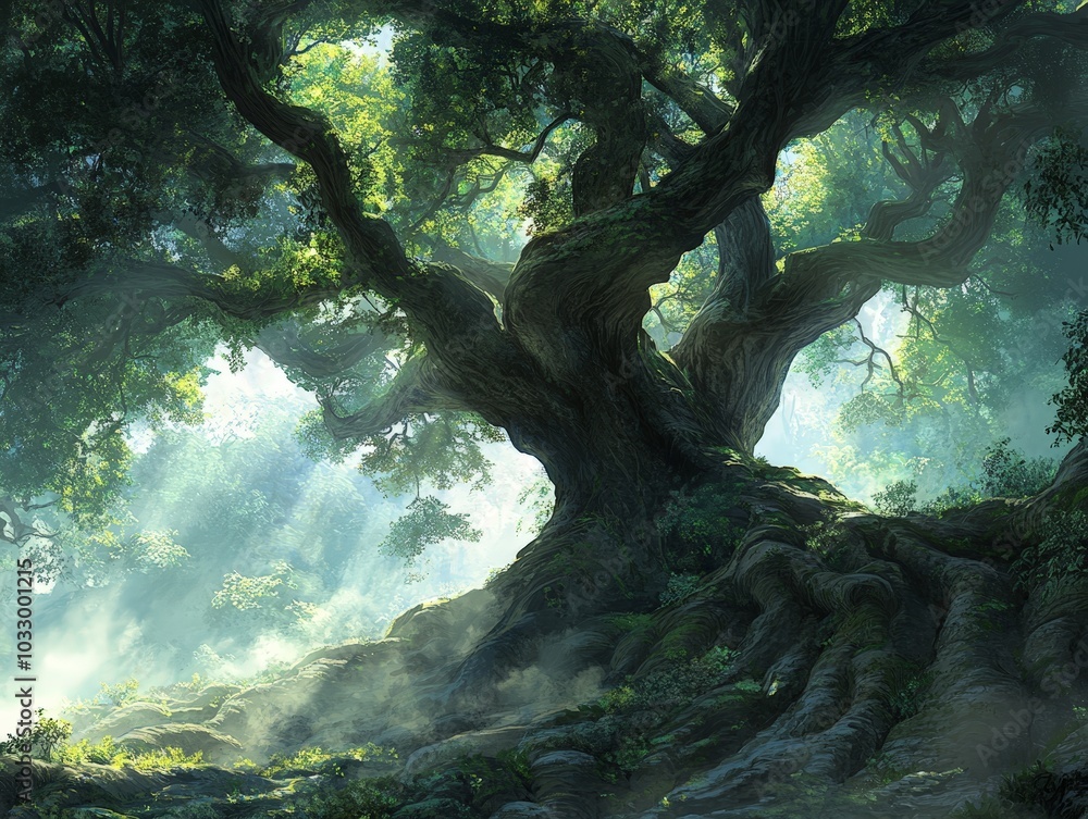 Poster an ancient tree with sprawling roots, its age showing through its vast canopy and twisted branches
