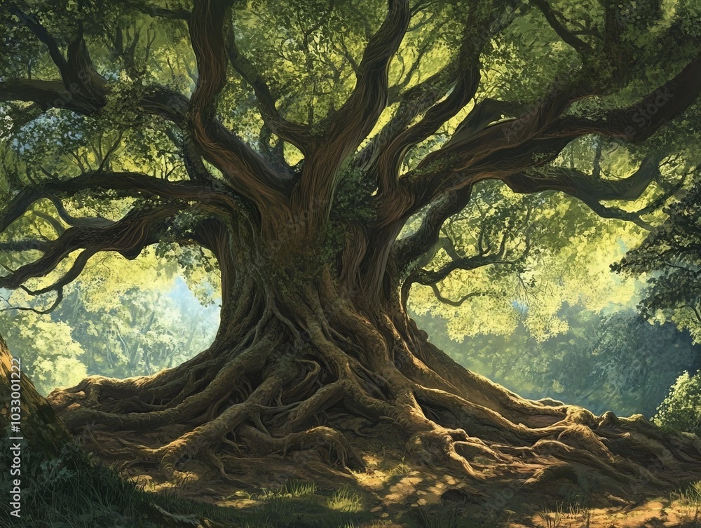 Poster an ancient tree with sprawling roots, its age showing through its vast canopy and twisted branches