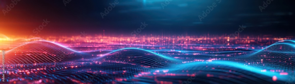 Poster Luminous curve patterns, abstract tech glow, dark futuristic background, smooth digital waves