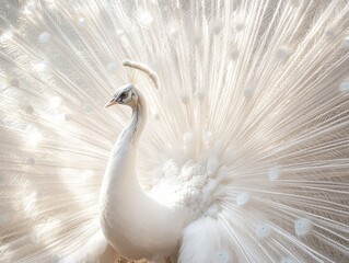 An albino peacock spreading its pure white feathers in a dazzling display