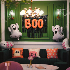 Halloween decorations. A Halloween corner decorated with Halloween ghost and Halloween words written BOO. Halloween cushions and pumpkin pillow on the black sofa. Spider's web decoration.