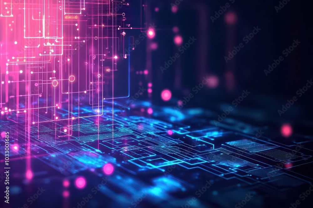 Poster Neon circuits, floating digital paths, dark futuristic background, tech grid patterns, glowing lines