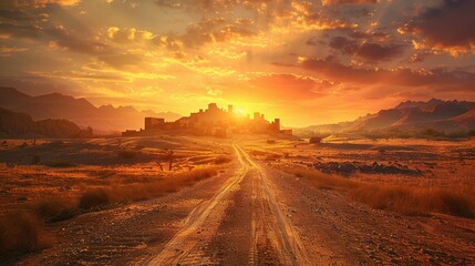Naklejka premium A Dirt Road Leading Towards a Silhouetted Castle at Sunset