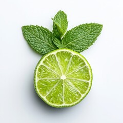 Fresh lime slice with mint leaves on a white isolated background.