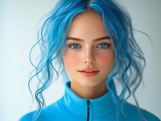Fototapeta premium A woman with blue hair and blue eyes