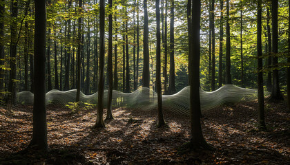 Fototapeta premium A forest where trees resemble soundwaves, their trunks and branches forming sharp peaks and flowing curves