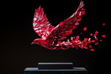 An abstract bird shape formed from vermillion brushstrokes, representing freedom and flight