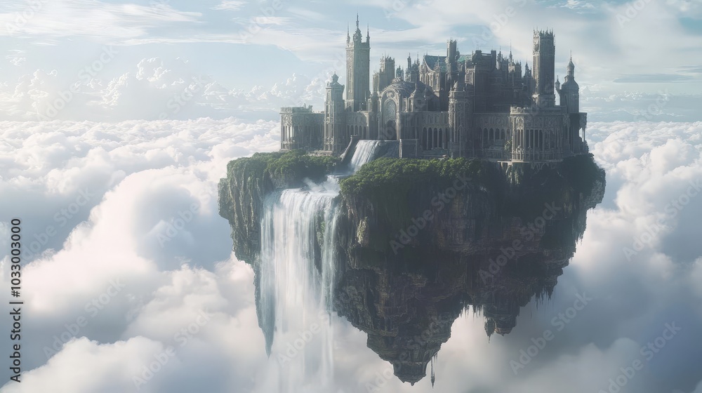Poster ai-generated ancient castle floating in the sky, with waterfalls cascading off the edges and clouds 
