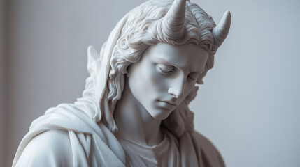 The devil statue, sculpted from smooth white marble, displays intricate, understated details and a serene expression that contrasts with its subtly menacing aura, blending elegance with quiet power.