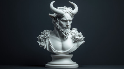 Elegant devil statue in white marble, with subtle, refined details and a serene, yet menacing expression.