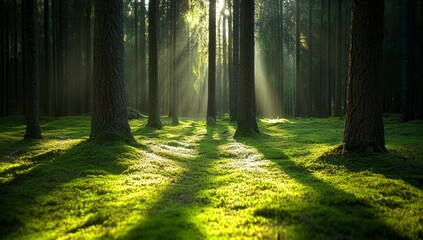 Obraz premium Sunbeams shine through a dense forest, illuminating the mossy ground.