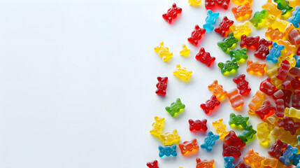 Colorful Gummy Bears Scattered on a Solid White Background.