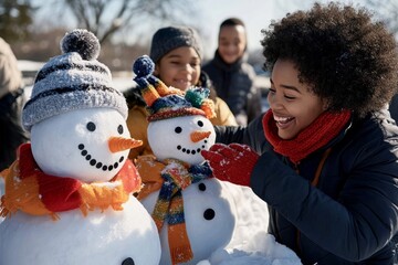 Family building a group of snowmen together, each with unique scarves and hats