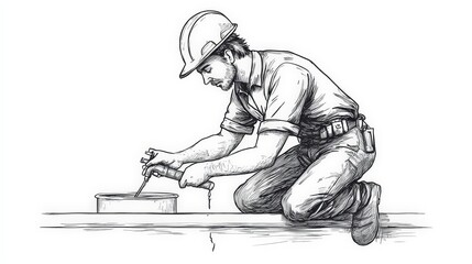 Minimalist Doodle Tattoo of Plumber Fixing Sink Pipe Leak on White Background - Simple and Delicate Illustration Style for DIY Projects