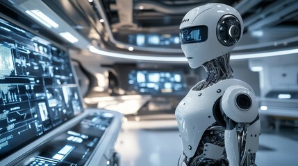 AI-rendered high-tech robot assistant, standing in a sleek futuristic room with digital screens and tech gadgets.