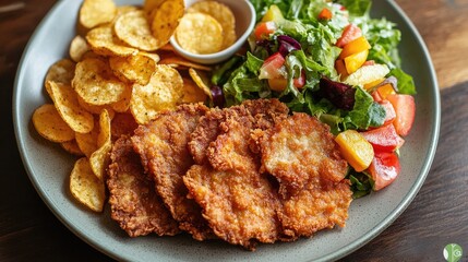 Fototapeta premium Fried Meat on Plate with Chips and Fresh Salad