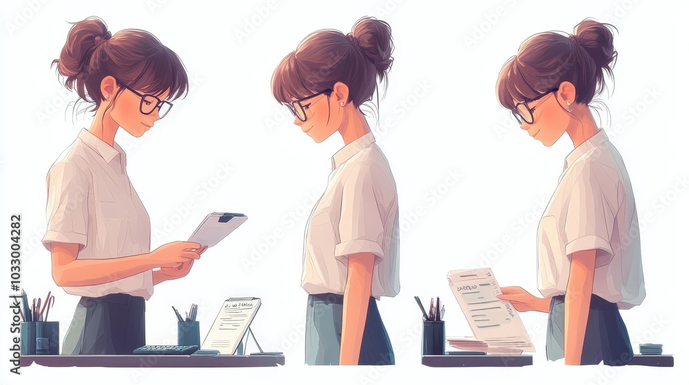 Poster modern businesswoman calculating invoices - set of 4 low poly game assets with playful imagery