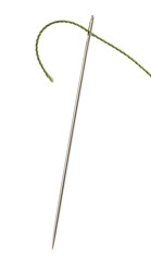 Sewing needle with green thread isolated on white