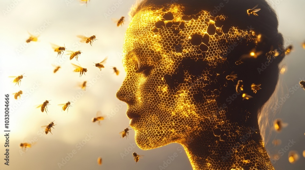 Poster an ethereal figure with a glowing honeycomb-patterned skin, adorned with bees, set in front of a bac