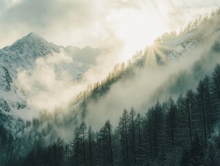Serene Sunrise in Snowy Mountain Range