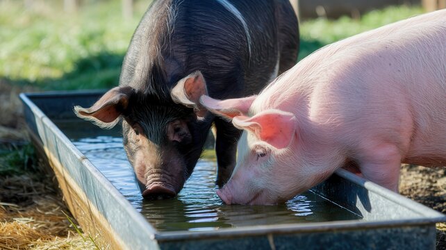 Two pigs drinking water from a trough