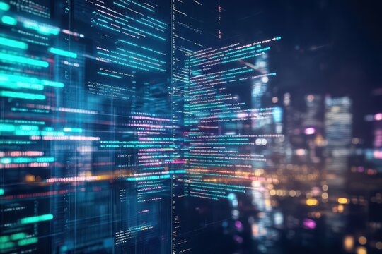 Virtual database, floating code screens, futuristic city skyline, neon lighting