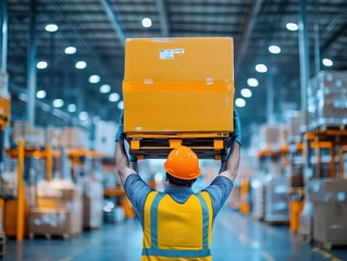 Workers maintaining proper posture and using ergonomic tools while lifting heavy loads in a warehouse