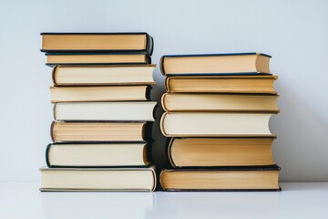 Two Stacks of Vintage Books with Aged Paper and Leather Covers