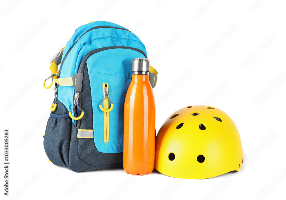 Sticker Bicycle helmet, thermo bottle and backpack isolated on white