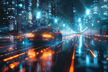 A car driving down a city street at night