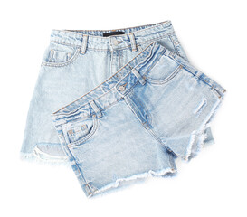 Stylish light blue denim shorts isolated on white, top view