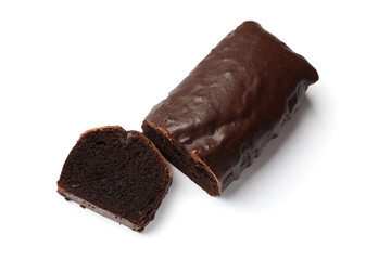 Tasty chocolate sponge cake isolated on white, top view