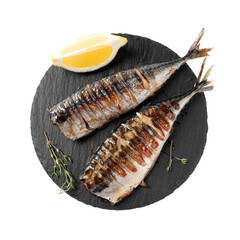 Delicious grilled mackerel, thyme and lemon isolated on white, top view