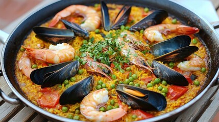 Colorful Seafood Dish in a Pan on a Wooden Surface
