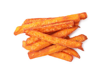 Delicious sweet potato fries isolated on white, top view