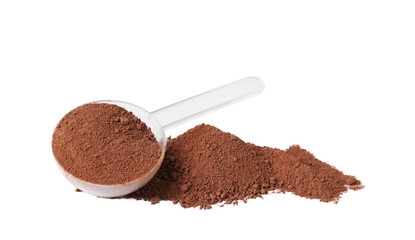 Protein powder and scoop isolated on white