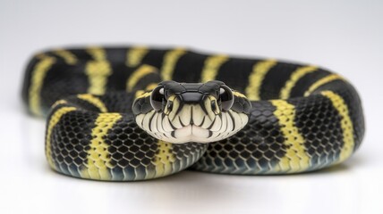 Obraz premium Black and yellow striped snake with a black head