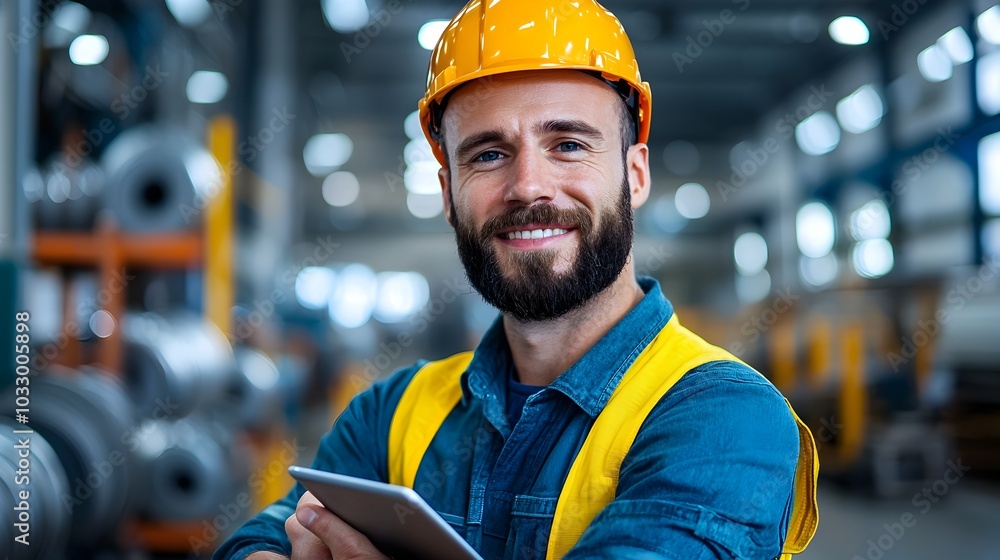 Poster industrial worker in safety uniform using a tablet device while inspecting the and inventory of a me