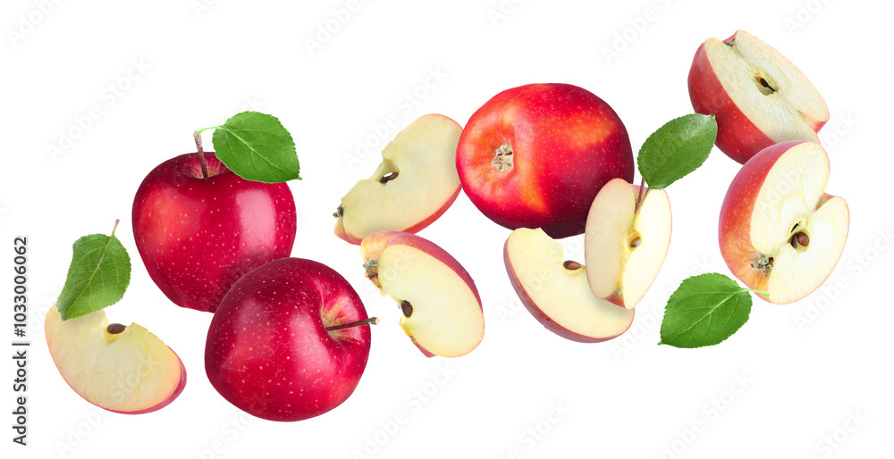 Poster Fresh red apples in air on white background