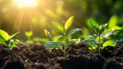 Young green plant sprouts growing in fertile soil with warm sunshine.