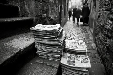 Stack of Newspapers on Stone Steps in a Narrow Alleyway