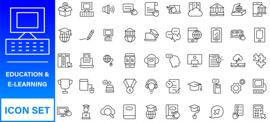E-learning, online education elements - minimal thin line web icon set. Outline icons collection.