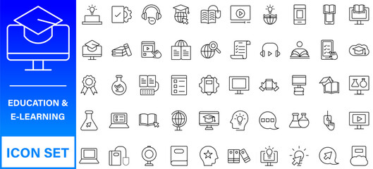 E-learning, online education elements - minimal thin line web icon set. Outline icons collection.