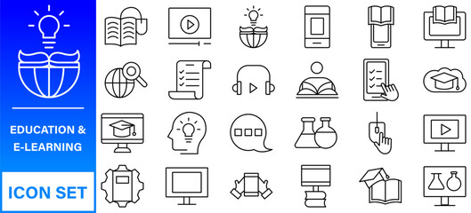 E-learning, online education elements - minimal thin line web icon set. Outline icons collection.