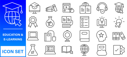 E-learning, online education elements - minimal thin line web icon set. Outline icons collection.