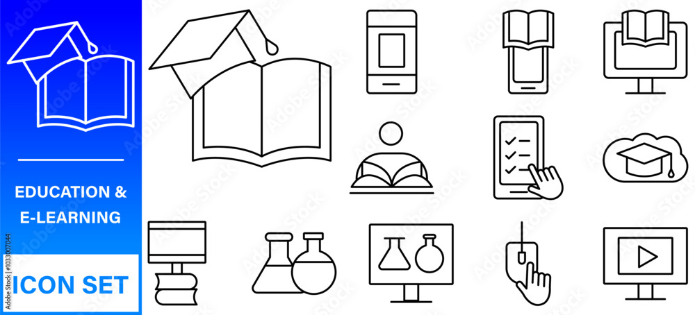Poster e-learning, online education elements - minimal thin line web icon set. outline icons collection.